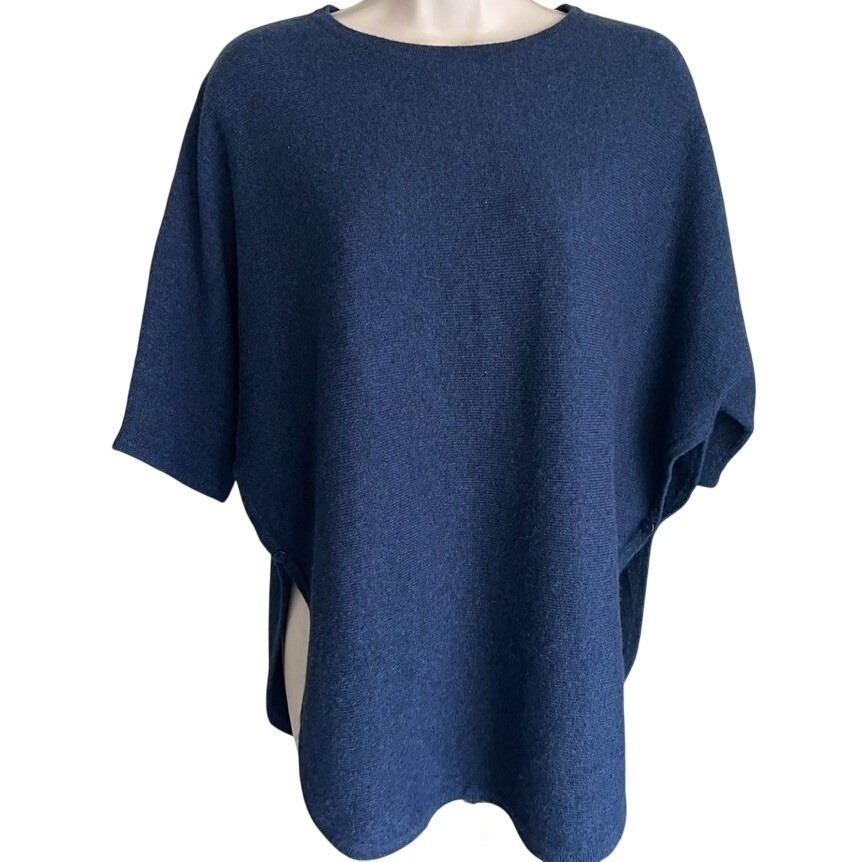 Kinross 100% Cashmere Navy Blue Poncho Sweater Kimono Sleeve Side Button Xs